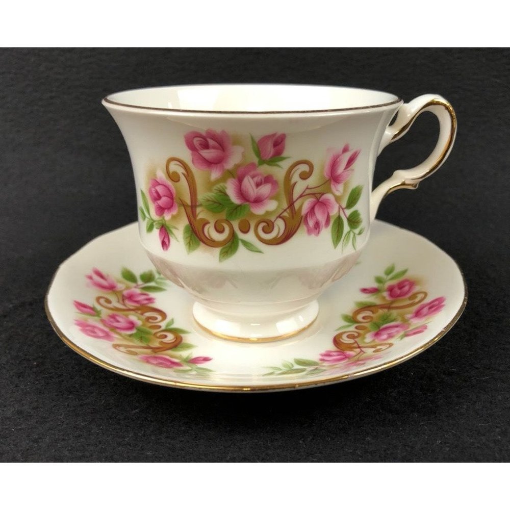 Queen Anne Tea Cup Saucer Floral Roses Scrolls England Fine Bone China Vintage